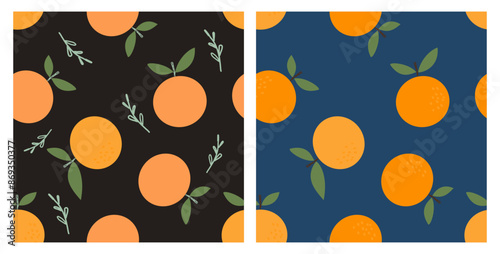 Seamless pattern with orange fruit and green leaves on black and blue backgrounds vector. 