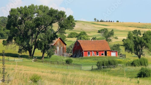 an old barn in a field with trees in a rural countryside landscape