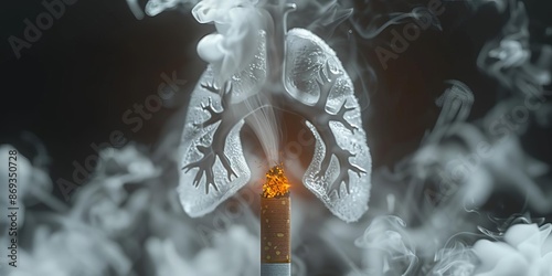 Create a hyperdetailed photorealistic macro image of a Cigarette The smoke emerging from the match forms the figure of a Lungs photo