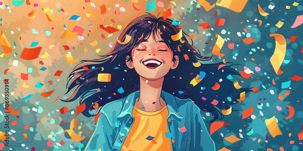 Fototapeta premium Girl Under Confetti Cheerful girl lying under falling confetti, capturing the joy of a celebration