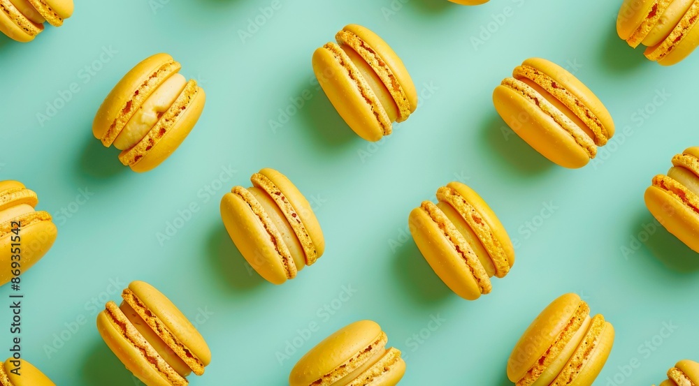 Pattern with yellow macarons on pastel green background, top view, minimal flat lay style. Pattern with yellow macarons on pastel green background, top view, minimal flat lay style.