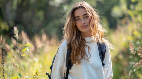 Serene White Sweatshirt Mockup on Female Model Hiking in Forest with Sunlight, Lifestyle Photography photo