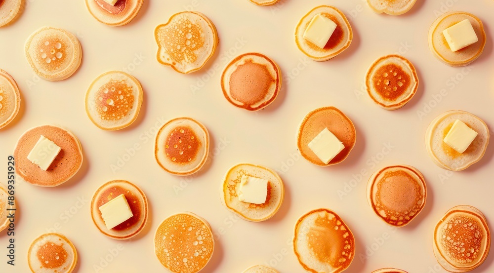 Pattern of pancakes with butter slices on cream background, top view, minimal flat lay style. Pattern of pancakes with butter slices on cream background, top view, minimal flat lay style.