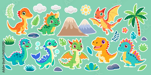 A collection of cartoon dinosaurs, including a dragon, are shown in a lush green jungle. The scene is lively and playful, with the dinosaurs interacting with each other and their environment