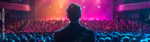 Rule of thirds composition shot ofA man in a business suit or speaker at conferences and business presentations is giving a speech on stage in front of an audience