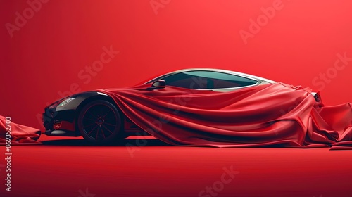 Unveiling of a new car model under a red silk cover