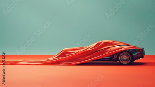 Unveiling of a new car model under a red silk cover