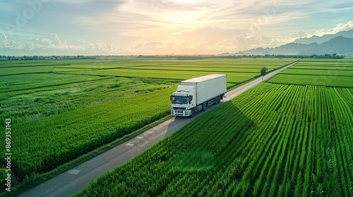 White container truck driving through a field of green rice paddies, conveying a sense of freshness and nature