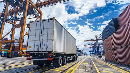 White container truck parked at a port, representing ocean freight shipping