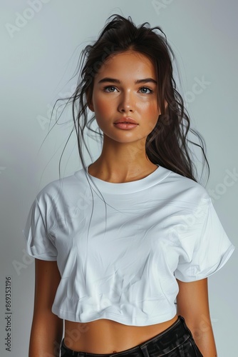 White cropped Tshirt on a female model posing against a white background