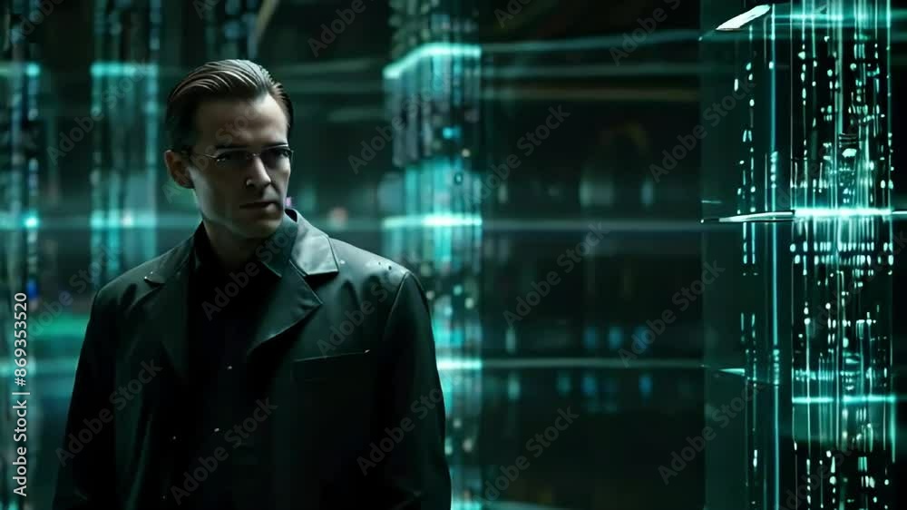 An intelligent man in glasses and a leather jacket stands in the center of a holographic matrix, glowing with dim neon lines.He is focused and immersed in his thoughts. An intelligent man in glasses and a leather jacket stands in the center of a holographic matrix, glowing with dim neon lines.He is focused and immersed in his thoughts.