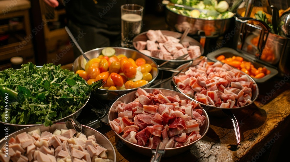 A close-up shot of a variety of ingredients for a delicious meal, laid out in metal bowls on a wooden surface.
