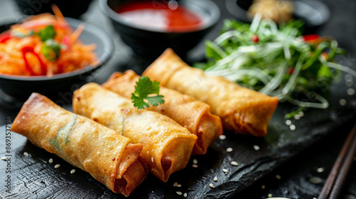 Savoury spring rolls served on a stone plate with dipping