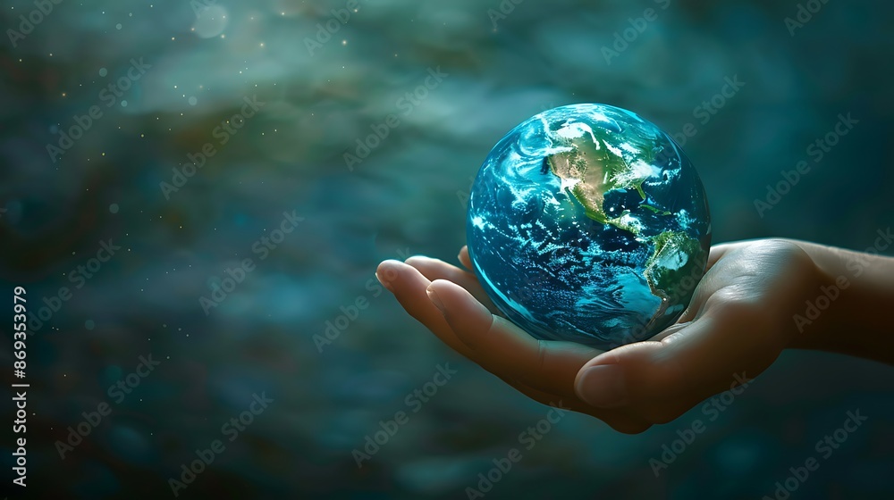 Realistic photos, high definition 8K A hand holding a globe, continents rendered in shades of blue and green. The hand is decorated with peace symbols copy space for text, sharp focus and clear light Realistic photos, high definition 8K A hand holding a globe, continents rendered in shades of blue and green. The hand is decorated with peace symbols copy space for text, sharp focus and clear light