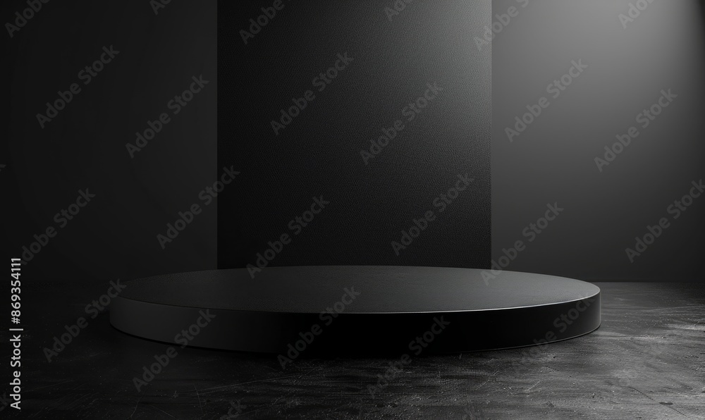 Black podium or pedestal display on dark background with long platform. Blank product shelf standing backdrop. Black podium or pedestal display on dark background with long platform. Blank product shelf standing backdrop.