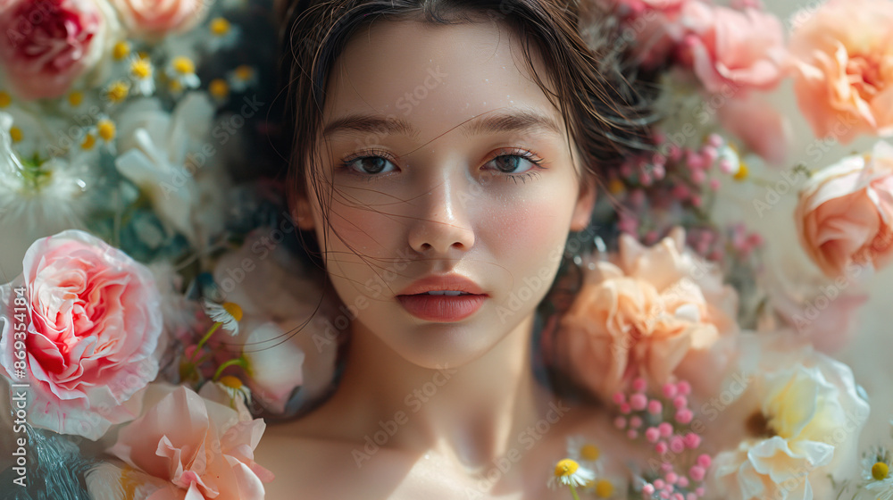 portrait of a woman with a pastel of flowers background portrait of a woman with a pastel of flowers background