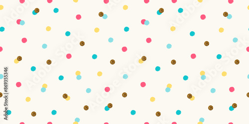 Fun colorful dots seamless pattern. Green, pink, and yellow dots on white. Metallic golden texture.  Simple childish backdrop.  Design for cards, party invitations, packaging, and surface design.