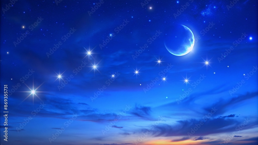 crescent and stars on night sky background, ramadan kareem greeting background with moon at the evening light crescent and stars on night sky background, ramadan kareem greeting background with moon at the evening light
