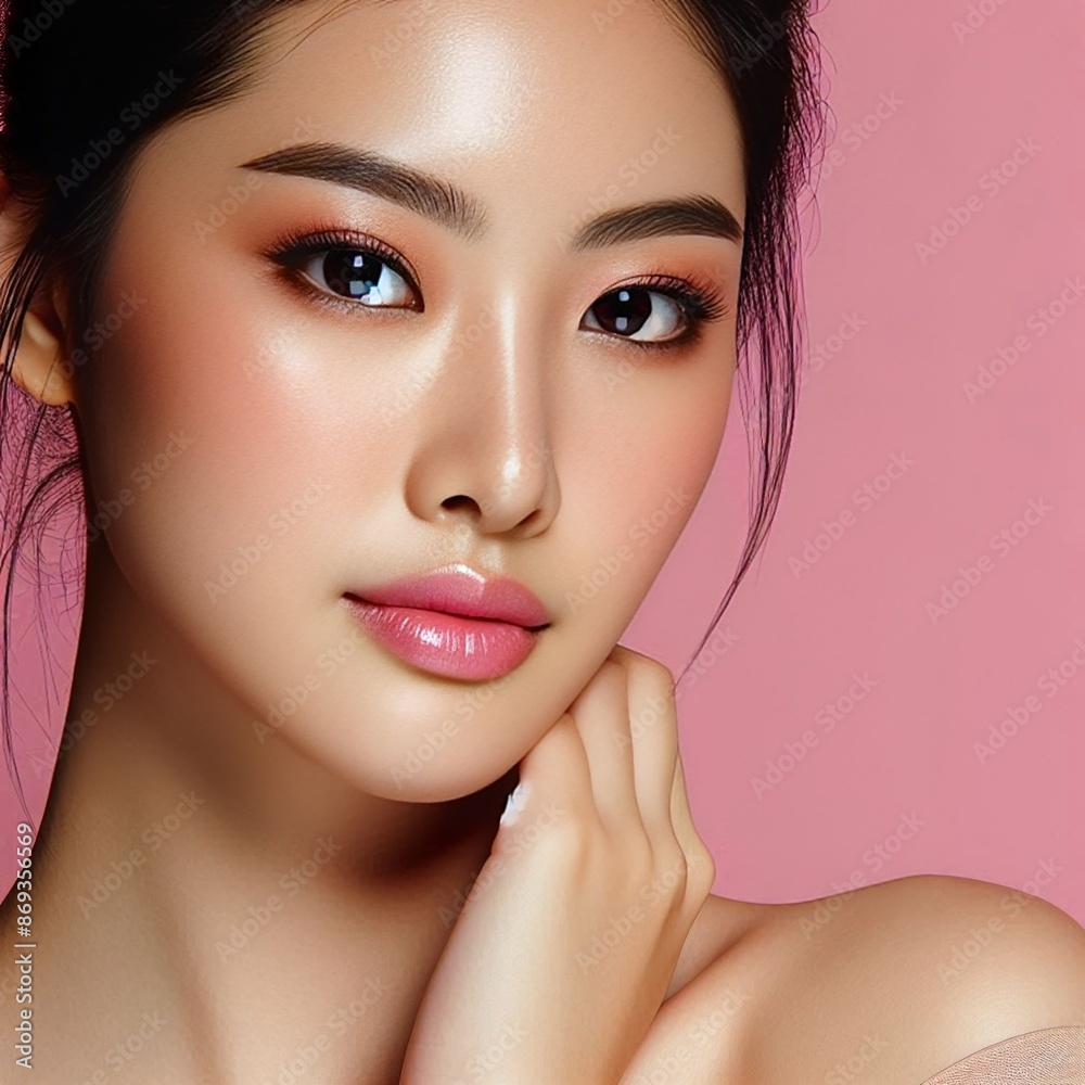 Fototapeta premium Close-up portrait of a young Asian woman with K-beauty makeup and flawless skin, perfect for skincare product advertising, against a pink background, generated by AI