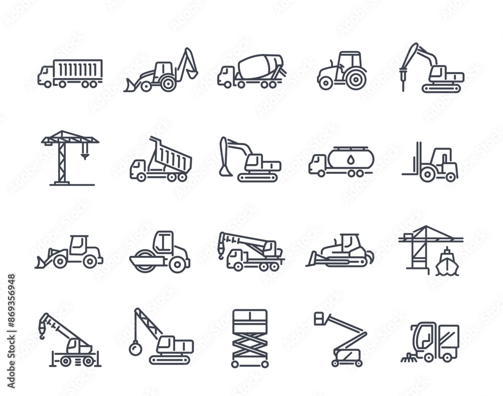 Set of construction machinery linear icons set. Truck, concrete mixer ...
