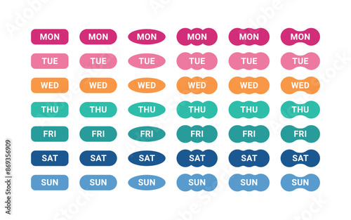 Set of colorful and abstract shaped day of the week label icon design. Point sticker to decorate diary, scheduler, calendar, planner.