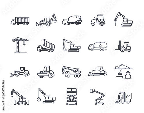 Set of construction machinery linear icons set. Truck, concrete mixer, tractor, excavator and crane for construction site. Editable stroke. Outline vector collection isolated on white background