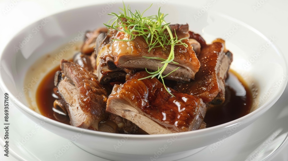 Delicious glazed pork ribs served in a white bowl. Delicious glazed pork ribs served in a white bowl.
