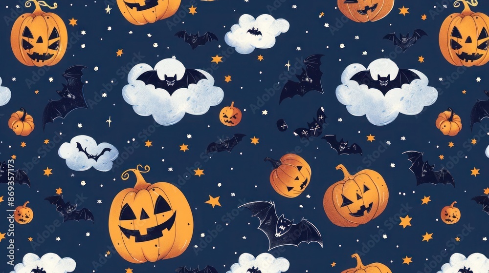 Pattern with spooky pumpkins, bats, and eerie clouds on a midnight blue background Pattern with spooky pumpkins, bats, and eerie clouds on a midnight blue background