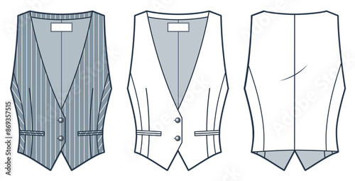 Vest Jacket technical fashion illustration, striped pattern. Classic Vest fashion flat technical drawing template, v-neck, sleeveless, front, back view, white, gray, women, men, unisex CAD mockup set.