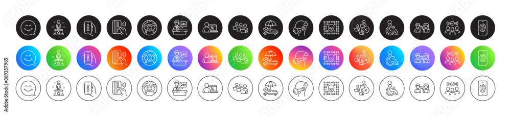 Smile face, Sunbed and Contactless payment line icons. Round icon gradient buttons. Pack of Online education, Squad, Success icon. Binary code, Teamwork, Fingerprint pictogram. Vector Smile face, Sunbed and Contactless payment line icons. Round icon gradient buttons. Pack of Online education, Squad, Success icon. Binary code, Teamwork, Fingerprint pictogram. Vector
