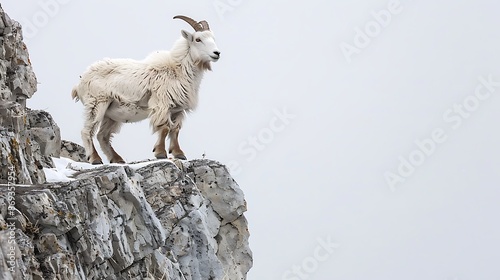 High key image style: A mountain goat stands on the edge of a cliff. White background, soft tone image, natural light
