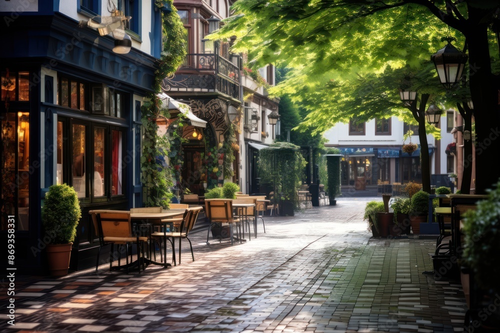 Fototapeta premium Cozy pedestrian street cobblestone outdoors alley.