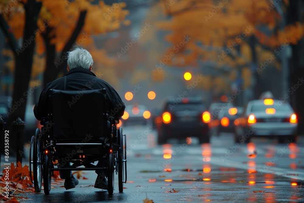 Older Man in Wheelchair Navigating City Street on Rainy Autumn Day Older Man in Wheelchair Navigating City Street on Rainy Autumn Day