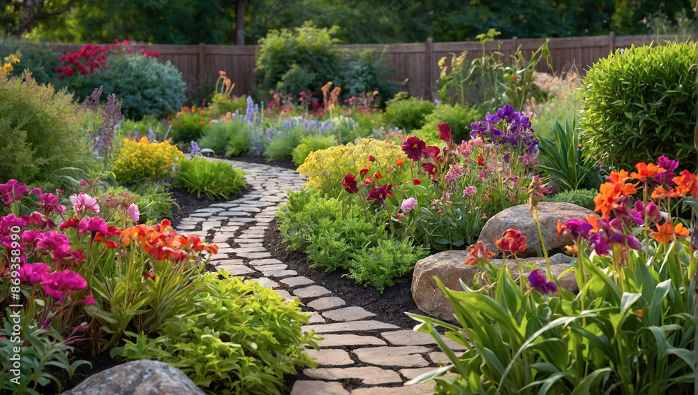 A winding stone path through a lush garden filled with colorful flowers creates a picturesque scene. A winding stone path through a lush garden filled with colorful flowers creates a picturesque scene.