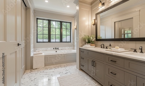 Elegant bathroom with an empty frame above the vanity