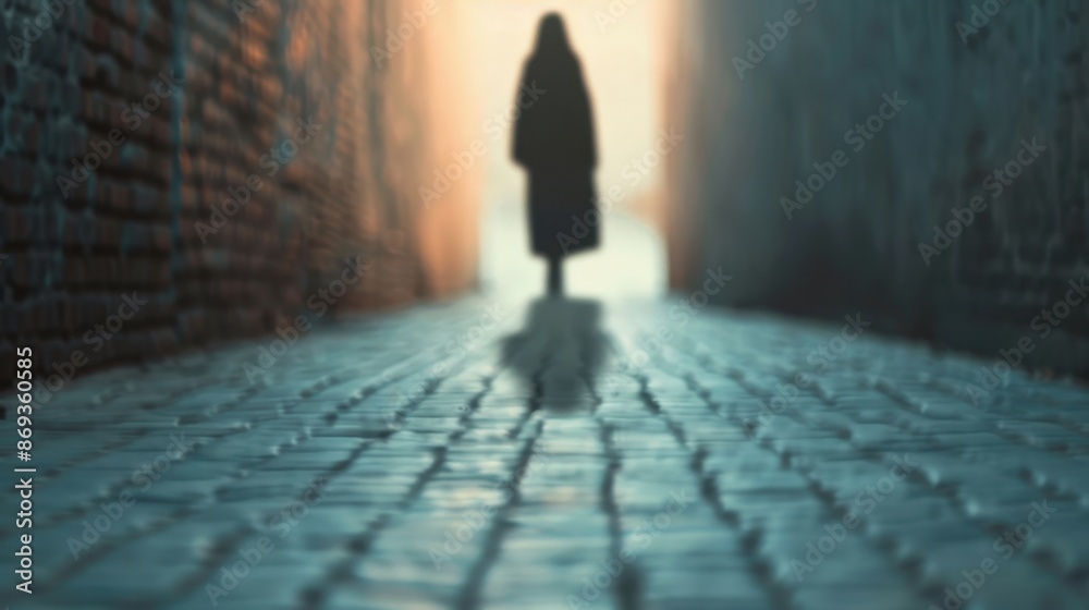 Mysterious silhouette in narrow alley with cobblestone path and atmospheric lighting Mysterious silhouette in narrow alley with cobblestone path and atmospheric lighting