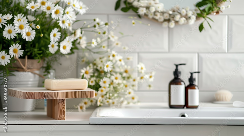 display setup of flowers and soap bottles on bathroom or toilet mirror shelf display setup of flowers and soap bottles on bathroom or toilet mirror shelf