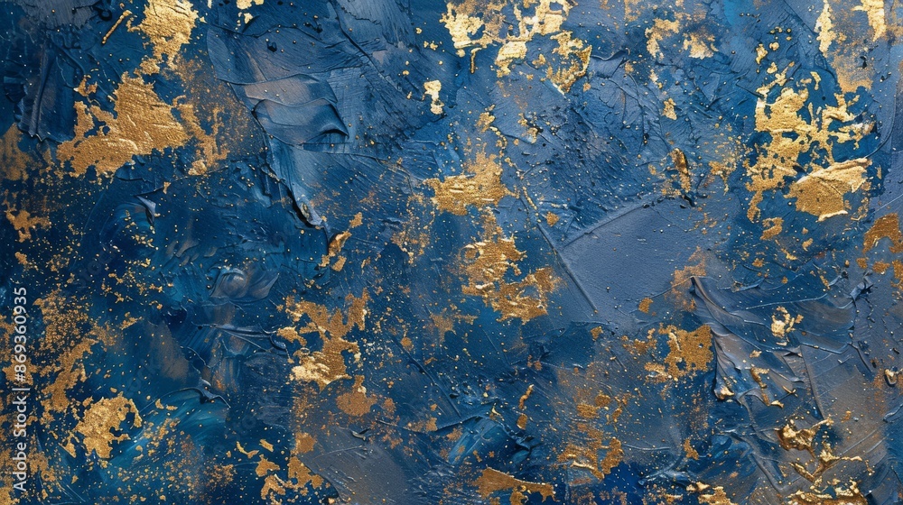 Obraz premium Blue impasto abstract textured art background with gold dust.
