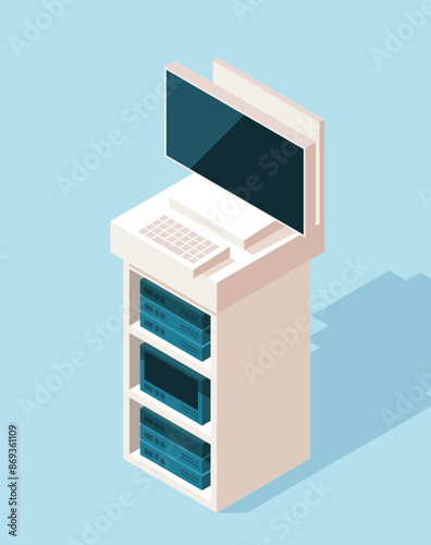 Isometric medical equipment. Icon with modern gadget or computer for examining, diagnosing patients and treating diseases. Health monitoring device. 3D vector illustration isolated on blue background