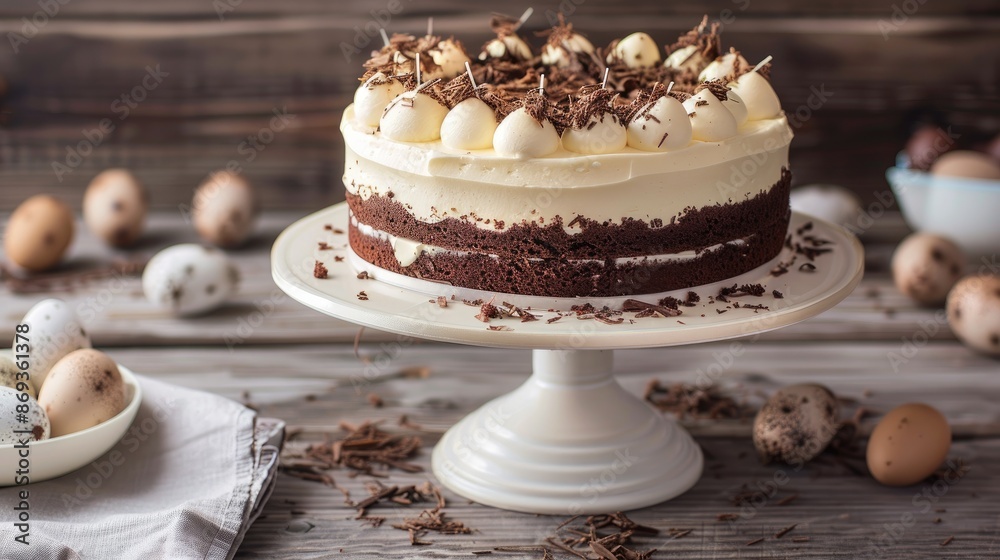 A close-up of a chocolate cake decorated with white chocolate eggs and chocolate shavings on a white cake stand A close-up of a chocolate cake decorated with white chocolate eggs and chocolate shavings on a white cake stand