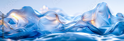 Fluid Wave-Like 3D Abstract Landscape. Stunning 3D abstract landscape featuring fluid, wave-like patterns in blue and silver tones, illuminated by soft light, creating futuristic, ethereal atmosphere.