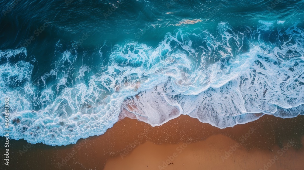 Aerial view of sandy beach and ocean with waves. Aerial view of sandy beach and ocean with waves.