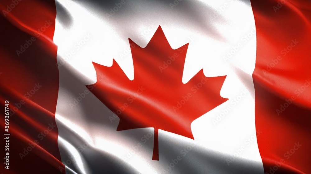 Fototapeta premium Beautiful Canadian flag flying in the outdoor. Canadian flag waving on the wind, unfiltered and natural lighting, good for multimedia online content
