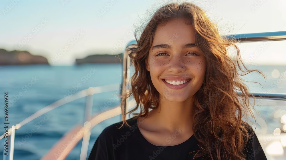 Serene Woman in Black T-Shirt Enjoying Sunlight on Luxury Yacht Deck | Mockup with Brown Wavy Hair Smiling in Summer Outfit Serene Woman in Black T-Shirt Enjoying Sunlight on Luxury Yacht Deck | Mockup with Brown Wavy Hair Smiling in Summer Outfit