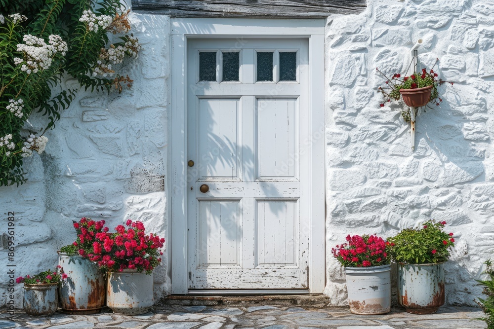 Naklejka premium Charming front door with floral decorations and contrasting white facade
