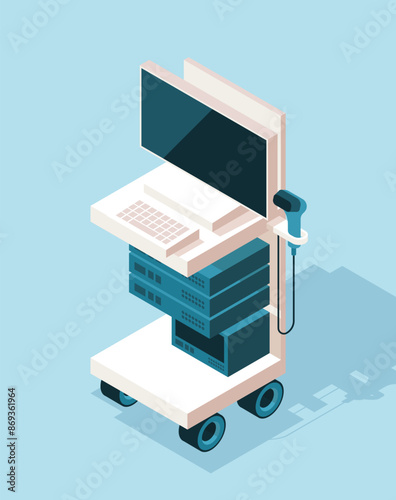 Isometric medical equipment. Icon with modern device for diagnosing and examining health of patients. Ultrasound scanner for clinic or hospital. 3D vector illustration isolated on blue background