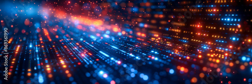 Data Stream in Neon Lights. An abstract image representing a data stream illuminated by neon lights in blue and orange, showcasing digital information flow and technological innovation. big tada,