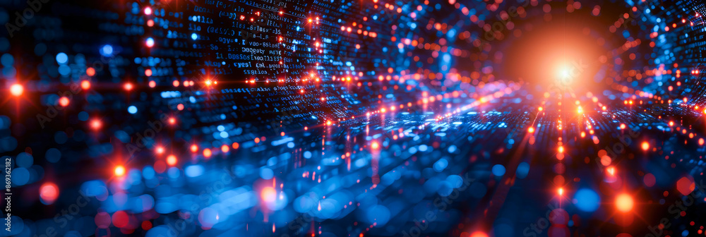 Futuristic Data Stream with Binary Code. A dynamic, abstract visualization of a data stream with binary code. The image features bright blue and red lights, creating a high-tech, futuristic atmosphere Futuristic Data Stream with Binary Code. A dynamic, abstract visualization of a data stream with binary code. The image features bright blue and red lights, creating a high-tech, futuristic atmosphere