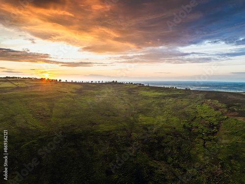Фотография Sunset over Cod Beck Reservoir from a drone, North York Moors National Park, Nor