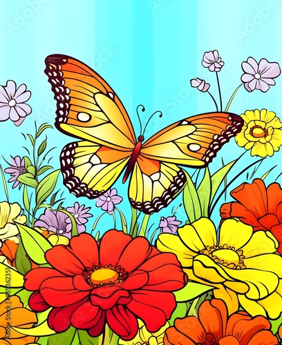 Happy Butterfly And Flower Coloring Book. Black and white Moth vector illustration for children coloring page.